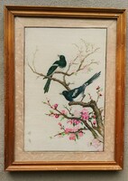 Gyűjteményemből eladó: Japán hímzett kép : virágzó cseresznyefa virágzás madárral