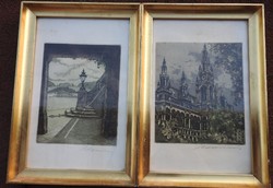 Marked colored Viennese etching pair