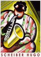 Scheiber Hugó Fekete jazz szaxofonos 2., art deco festmény művészeti plakátja, zene koncert zenész