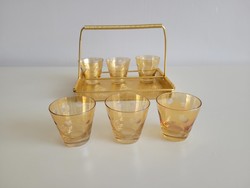 Retro régi arany színű 6 db pöttyös italos készlet pohárkészlet tartóval mid century