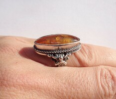 Adjustable size amber stone silver ring