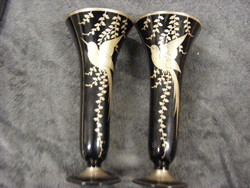 Pair of Art Nouveau birds in silver-black glass vase