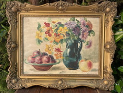 Béla Csényi (?): Still life with flowers and apples