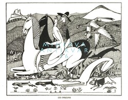 A. de Souza-Cardoso  Sólymok 1912 art deco tusrajz reprint nyomata, vágtató ló lovas nyúl kutya agár