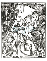 A. De Souza-Cardoso in the amazing forest 1912 art deco ink drawing reprint print, jungle animals horses