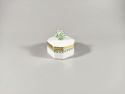 Herend, fishnet patterned green rabbit hand painted porcelain jewelry box, flawless! (Bt039)
