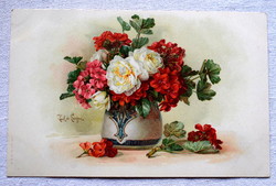Antik A&M B  Paul de Longpre művész litho képeslap  csendélet muskátlival rózsával