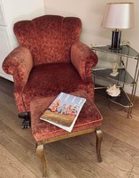 Oroszlánlábas mályvás-rozsda bársony masszív szép fotel és lábtartó
