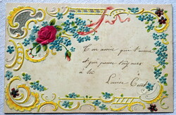 Antik  dombornyomott üdvözlő képeslap nefelejcs szatén rózsa  díszkeret