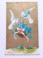Régi képeslap 1909 dombornyomott levelezőlap fehér galambok nefelejcs