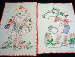 2 db különleges kézzel hímzett fali kép, terítő: virágot szedő kislány, virágot locsoló kisfiú