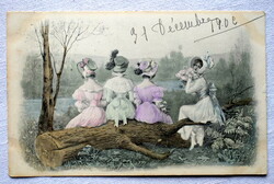 Antik MM Vienne grafikus üdvözlő képeslap pihenő  hölgyek