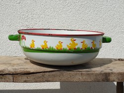 Old vintage enamel mushroom and duck pattern enameled large bowl with lampart legs