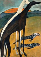 A. de Souza-Cardoso, Agarak és nyulak, art deco olajfestmény, reprint kutyás nyomat, agár vadászat