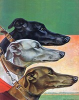 P. Bransom, greyhounds, art deco painting, reprint dog print, three greyhound portrait, black white brown
