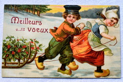 Antik Karácsony üdvözlő litho képeslap gyerekek flamand viselet szánkó