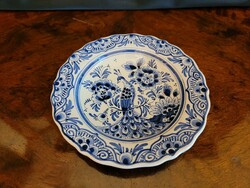 Delft Porcelán Díszányér Kék Fehér Páva Mintával 16cm -- Delfti Pávás Tál Tányér Falitányér