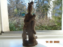 Antik KWAN YIN a kínai buddhista IRGALMASSÁG istennője pávával, virágos vázával ,rózsafa szobor