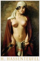 Hans Hassenteufel Keleti akt olajfestmény művészeti plakátja fiatal lány fejkendővel erotikus félakt