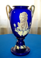 Art Nouveau blown glass vase decorated with female portrait (late 1800s)
