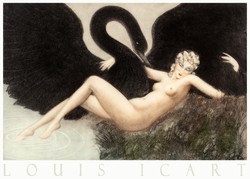Louis Icart Léda és a hattyú 1934 art deco metszet művészeti plakátja erotikus női akt fekete hattyú