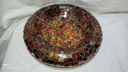 Látványos színpompás mozaikos üveg asztalközép kínáló tál nagy méretű