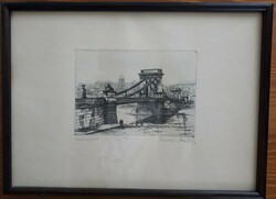 Lajos Máté Csurgó: chain bridge - copper engraving 16/50