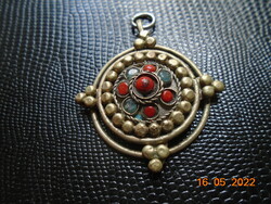Antique handcrafted pendant set with red coral and blue stones