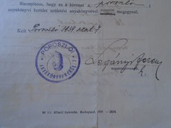 KA339.10  POROSZLÓ  Születési anyakönyvi kivonat 1939  Katona ügyben bélyegmentes