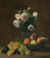 Latour - Csendélet virággal, szőlővel, barackkal - vászon reprint vakrámán