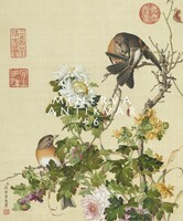 18th Century Chinese Silk Painting Reprint Print, Yellow and White Asters Chrysanthemum Flower Birds