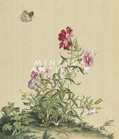 18th century Chinese silk painting reprint print, flowering carnation varieties butterfly
