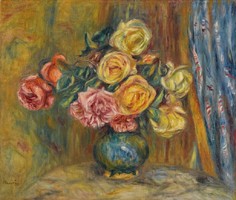Renoir - roses with blue curtains - canvas reprint on blinds