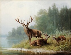 Moritz müller - deer by the lake - canvas reprint on blindfold