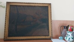 Antik sötét tónusú tanya festmény 42x52 cm kerettel
