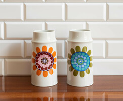 Hollóházi retro porcelán váza pár - hippi virágos mintával - groovy mid-century modern dekor