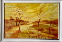 FONTOS Zoltán(1952 -) Művésztől megszokott gyönyörű őszi tájat ábrázoló 'Olaj-faroston' alkotás
