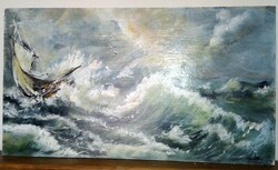 "Háborgó tenger hajóval " festmény farostlemezen 72 x 40 cm