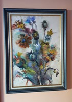 Natalia Bejenaru nagyméretű festmény, dekoratív üvegezett keretben 63x83 cm