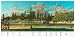Henri Rousseau on the canal, landscape with trees 1900 naive painting art poster, riverside forest boats