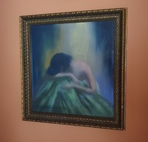 ​Sassy Attila (Aiglon) : Bűntudatos lány, 53.5x52 cm üvegezett keretben, pasztell festmény