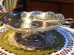 Luxurious, marked, antique, silver-plated, pierced-side, base-serving tray with antique tweezers