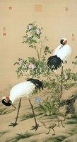 18. századi kínai selyem festmény reprint nyomata, két mandzsu daru fiókák madár család rózsabokor