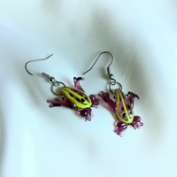 Murano burgundy glass frog earrings marked with 925 silver hooks
