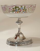 Ezüst (800) talpú, egyedi herendi asztalközép, kínáló, bonbonier