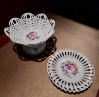 Kézzel készített Transipor Klausenburg porcelán gyümölcstál talppal és tányér