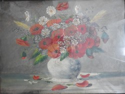 Antik pipacsos és százszorszépes virágcsendélet - ismeretlen alkotó - jelzett