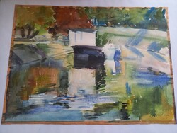 Vincze László akvarell eredeti festménye "Vízparti táj" 1968-ból