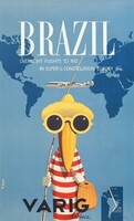 Retro utazási reklám Brazília tukán vicces napszemüveg csíkos fürdőruha Vintage plakát reprint