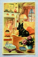 Vintage francia grafikus Újévi üdvözlő képeslap kutyus a kandallónál a szobában